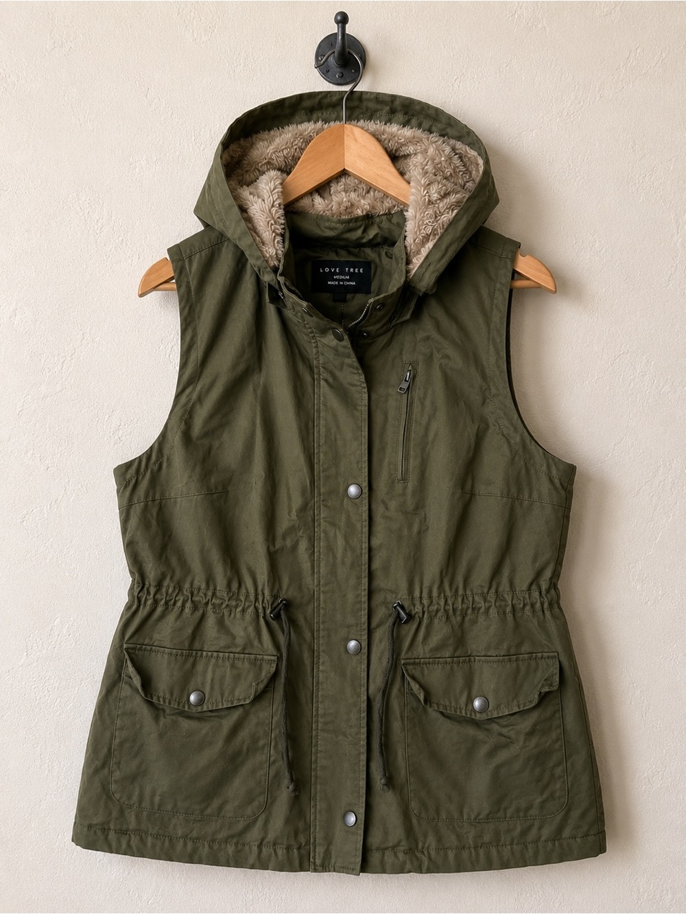 Love Tree Olive Sherpa Fur Lined Utility Vest Hooded Jacket Medium